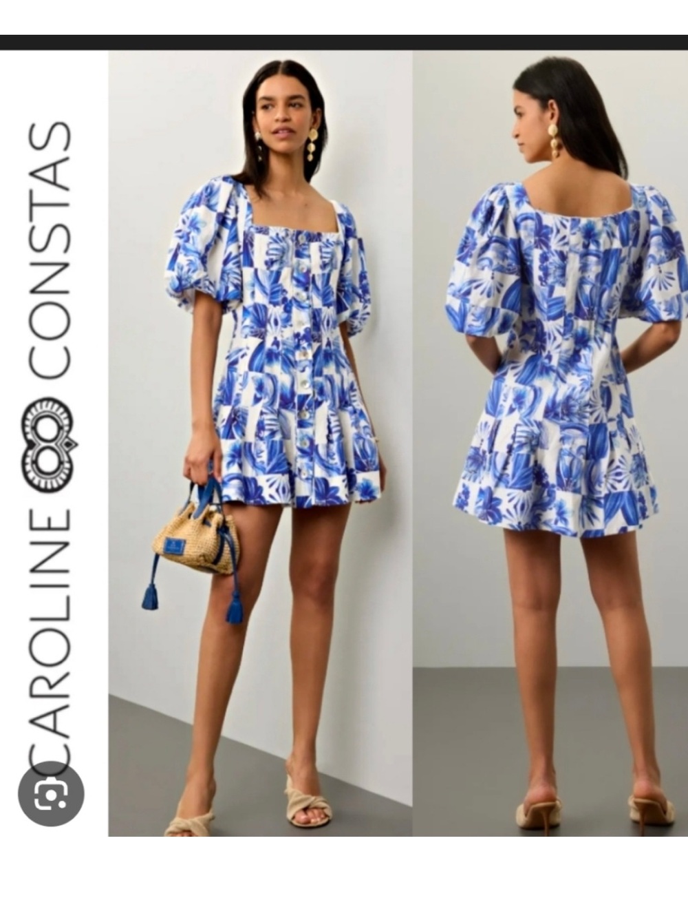 Caroline Constas Garden Toile Blue White Linen Blend Mini Dress Size 2 Coastal